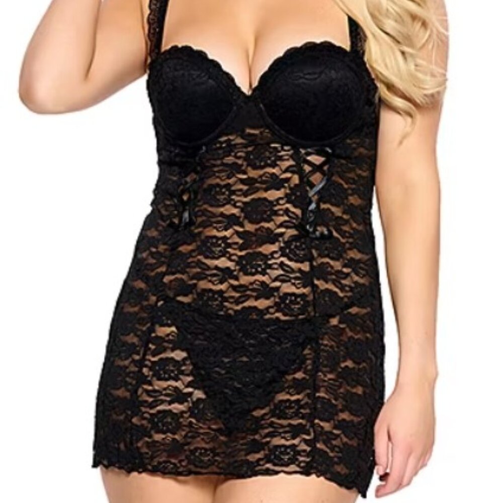 Jezebel Rachel Push Up Black Lace Chemise - Medium (M) - 999910